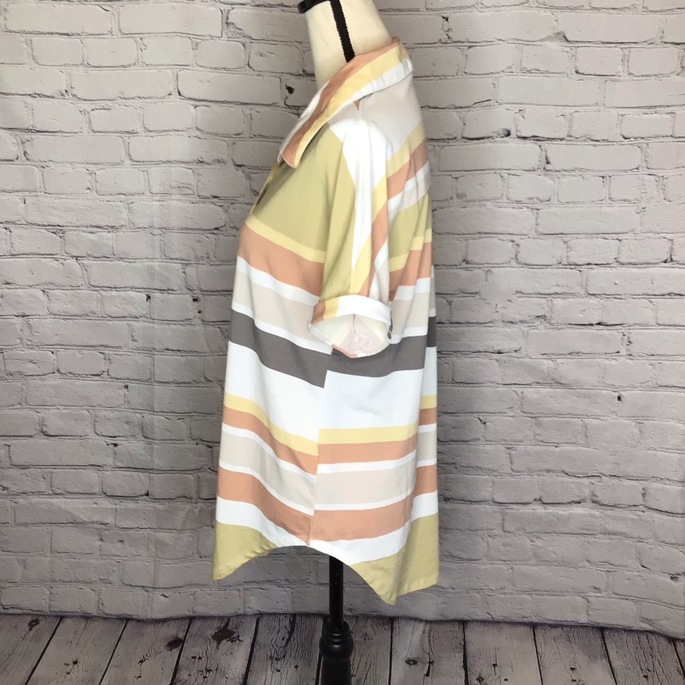 LuLaRoe Short Sleeve Casual Button Up Charlie Shirt Green Cream Gray Striped S - Picture 2 of 10